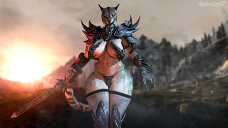 angry anthro armor big_breasts bikini_armor breasts curvy_figure daedric_armor female fighting_pose huge_breasts medieval medieval_armor medieval_fantasy melee_weapon morning pose solo standing sword thick_thighs unconvincing_armor voluptuous weapon wide_hips alphawolf77 bethesda_game_studios microsoft skyrim the_elder_scrolls felid feline khajiit mammal 16:9 3d_(artwork) 4k absurd_res digital_media_(artwork) hi_res widescreen