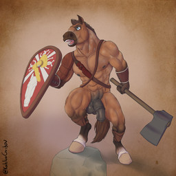 animal_genitalia animal_penis anthro armor axe equine_balls equine_genitalia equine_penis genitals greaves half-erect male melee_weapon nude pauldron penis sheathed_knife shield solo unsheathed weapon kahlua_caribou scipio_lucullus_ahenobarbus equid equine horse mammal 1:1 hi_res