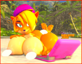 4_fingers 5_toes alternate_hairstyle anthro beach beanie beanie_only big_breasts big_butt breasts butt clothing computer convenient_censorship electronics feet female fingers gem hair hair_over_eye hand_on_breast hat hat_only headgear headgear_only headwear headwear_only heart_symbol huge_breasts huge_butt laptop looking_at_viewer lying mostly_nude on_front smile smiling_at_viewer soles solo thick_thighs toes wide_hips dj_ballistic5 activision crash_bandicoot_(series) coco_bandicoot totally_tubular_coco bandicoot mammal marsupial 3d_(artwork) censored digital_media_(artwork) hi_res