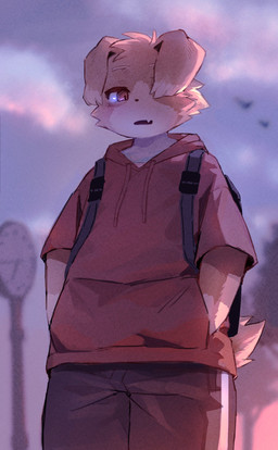 anthro backpack clothing floppy_ears fur hoodie kemono looking_at_viewer male multicolored_body multicolored_fur outside soft_lighting solo tan_body tan_fur topwear track_pants two_tone_body two_tone_fur white_body white_fur young young_anthro young_male ateni canid canine canis domestic_dog mammal hi_res