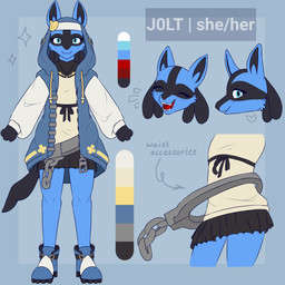 anthro clothed clothing cosplay crossover_cosplay female fully_clothed text ariixon arc_system_works guilty_gear guilty_gear_strive nintendo pokemon bridget_(guilty_gear) fan_character j0lt generation_4_pokemon lucario pokemon_(species) 1:1 character_name crossover hi_res model_sheet trans_(lore) trans_woman_(lore)