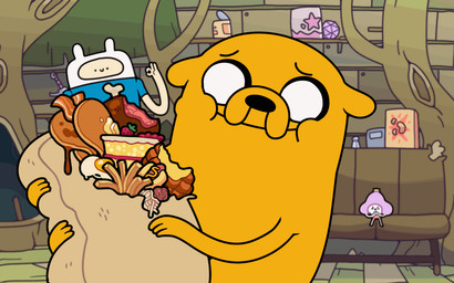3_arms anthro bacon bone burrito cake_slice clothing detailed_background eating eating_food food fried_egg fries fruit furniture group inside male meat meatball micro multi_arm multi_limb pancake pasta plant scene_reference shelf shirt sitting smile sofa spaghetti strawberry syrup t-shirt toony topwear tree trio discount-supervillain adventure_time cartoon_network cute_king finn_the_human jake_the_dog canid canine canis domestic_dog human mammal 16:10 animated widescreen