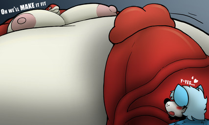 anthro areola beard belly big_areola big_belly big_moobs big_nipples big_penis black_eyes blue_body blue_fur blue_hair blush dialogue dominant duo erection facial_hair fur genitals glans grey_background hair heart_symbol huge_areola huge_belly huge_moobs huge_nipples huge_penis hyper hyper_belly hyper_genitalia hyper_penis imminent_sex larger_dom looking_at_another's_penis looking_at_genitalia looking_at_penis looking_down looking_up_at_another low-angle_view male male/male moobs morbidly_obese morbidly_obese_anthro morbidly_obese_male nipples obese obese_anthro obese_male overweight overweight_anthro overweight_male penis red_body red_penis simple_background size_difference smile text vein veiny_penis weight_difference white_body white_fur hictow irongut_(artist) irongut aquatic canid canine canis fish great_white_shark mackerel_shark mammal shark white_shark wolf absurd_res english_text hi_res shaded