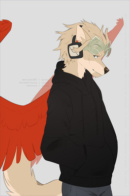 alternate_species anthro black_clothing black_hoodie black_nose black_topwear blonde_eyebrows blonde_hair bottomwear clothing eyebrows feathered_wings feathers furrification grey_bottomwear grey_clothing grey_pants hair headgear headwear hoodie long_snout male pants red_wings short_hair simple_background snout solo tail topwear wings azzai my_hero_academia keigo_takami canid canine canis mammal wolf 2019 colored digital_drawing_(artwork) digital_media_(artwork) shaded