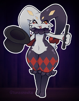 :3 ambiguous_anthro ambiguous_gender anthro black_body black_fur blush cheek_tuft clothing cotton_tail eyelashes facial_tuft floppy_ears fur handpaw hat headgear headwear huge_ears leg_tuft looking_at_viewer lop_ears multicolored_body multicolored_fur navel neck_tuft open_mouth open_smile paws red_body red_fur short_tail small_waist smile smug solo spades_(marking) tail thick_thighs thigh_tuft top_hat tuft wand white_body white_fur wide_hips yellow_body yellow_eyes yellow_fur tunasnacks palworld pocketpair dupin_(pal) lagomorph leporid mammal rabbit 2026 digital_drawing_(artwork) digital_media_(artwork) hi_res