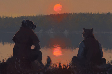 anthro clothed clothing duo fully_clothed fur glistening lake looking_away looking_back male male/male plant rear_view reflection sitting smile sun sunset tail text tree water water_reflection trunorth canid canine canis felid feline mammal wolf 2021 artist_name dated digital_media_(artwork) digital_painting_(artwork) painting_(artwork)