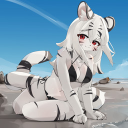 5_fingers anthro beach bikini black_bikini black_clothing black_stripes black_swimwear blush breasts cleavage closed_smile clothed clothing cloud day female female_anthro fingers fur hair hair_between_eyes halterneck inner_ear_fluff kemono long_hair looking_at_viewer markings medium_breasts mouth_closed navel outside red_eyes rock sand side-tie_bikini sitting sky smile solo string_bikini striped_body striped_fur striped_markings striped_tail stripes swimwear tail tail_markings tuft two-piece_swimsuit water white_body white_fur white_hair white_tail yenamika felid mammal pantherine snow_leopard 1:1 2025 absurd_res hi_res