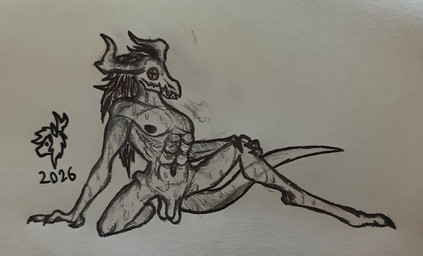 abs anthro areola balls black_hair blowing bodily_fluids brown_areola brown_nipples cross-shaped_pupils digitigrade emaciated fangs genitals hair hand_on_leg hanging_penis horn jagged_mouth kneeling long_hair looking_at_viewer male messy_hair muscular muscular_anthro muscular_male navel nipples penis saggy_balls solo spread_legs spreading steam steamy_breath sweat sweatdrop sweaty_abs sweaty_arms sweaty_body sweaty_chest sweaty_face sweaty_genitalia sweaty_legs sweaty_penis sweaty_skin sweaty_tail tail teeth white_body white_skin haribunawa mohrta demon 2026 hi_res signature traditional_media_(artwork)