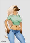 anthro big_breasts blonde_hair bottomwear breasts clothed clothing denim denim_bottomwear denim_clothing eyeshadow female fully_clothed fur hair hand_on_hip jeans lipstick long_hair looking_at_viewer makeup midriff navel pants simple_background smile solo tan_body tan_fur white_background conqista afghan_hound canid canine canis domestic_dog hunting_dog mammal sighthound 2022