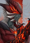 black_claws cheek_spikes chin_spikes claws facial_spikes finger_claws grey_body horn male open_mouth pupils red_eyes red_horn scales sharp_teeth slit_pupils solo spikes spikes_(anatomy) teeth white_body white_scales santanahoffman humanoid hi_res