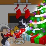 3_toes 4_fingers anthro barefoot big_tail black_body black_fur blonde_hair blush christmas_present christmas_stocking christmas_tree clothing cookie duo eyes_closed feet female fingerless_(marking) fingers fireplace fluffy fluffy_tail food fur gift glass grey_body grey_fur hair holding_partner holidays inner_ear_fluff lights male milk multicolored_body multicolored_fur ornament pajamas plant plate sleeping tail toes tree tuft two_tone_body two_tone_fur white_body white_fur young young_anthro babysteps christmas lemmy_(lemmy_niscuit) lolly_(butterscotchlollipop) mammal mephitid skunk spotted_skunk 1:1 hi_res