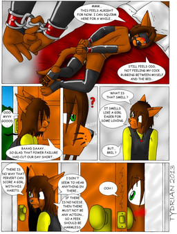 ambiguous_penetration andromorph anthro ball_gag bdsm bed blindfold blush bondage bound clothing cuff_(restraint) dialogue dildo duo enjoying exhausted fixed_dildo fixed_toy furniture gag gagged gloves halter handwear harness harness_ball_gag harness_gag inside intersex latex legwear listening locked looking_at_another male muzzle_(object) on_bed peeping penetration restraints rope self-bondage sex_toy shackles speech_bubble strapped_in_toy tail text vaginal tydrian domestic_cat felid feline felis mammal 2013 comic english_text