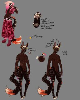 blonde_hair body_hair breast_scar brown_body brown_fur chest_hair choker claws clitoris clitoris_piercing clothing color_chart dark_body dark_skin dewclaw ear_piercing ear_ring facial_piercing fangs feet female fur genital_piercing genitals hair heart_symbol hindpaw hoop_ear_ring jewelry knife lip_piercing long_tail navel navel_piercing necklace nipple_piercing nipples nose_piercing panties paws piercing pink_claws pink_clothing pink_panties pink_underwear pubes ring_piercing scar snakebite_piercing standing striped_body stripes tail teeth text throat_scar toe_claws tongue tongue_piercing underwear wig renegaderobots roxanne_davis canid canine felid fox humanoid hybrid mammal pantherine tiger 4:5 english_text hi_res model_sheet trans_(lore) trans_woman_(lore)