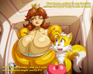 age_difference anthro big_breasts breasts cleavage clothed clothing dialogue erection female genitals huge_breasts hyper hyper_breasts imminent_rape imminent_sex licking licking_lips male nude older_female penis text tongue tongue_out younger_male angelauxes mario_bros nintendo sega sonic_the_hedgehog_(series) miles_prower princess_daisy canid canine fox human mammal 5:4 crossover english_text