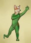 anthro bodysuit brown_body brown_fur bulge clothing fur green_clothing green_suit happy male simple_background skinsuit solo spandex suit tight_clothing yellow_background zentai zipper stinkslinky cosmin canid canine canis domestic_dog herding_dog mammal pastoral_dog welsh_corgi hi_res