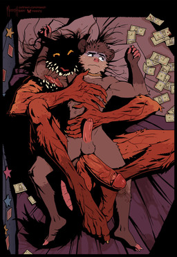 anthro anthro_on_anthro arm_bite balls biped blush bodily_fluids bottomless clothed clothing duo foreskin fur genitals grey_body grey_fur humanoid_genitalia humanoid_penis lying male male/male money nude on_back penis pink_nose scaroused sweat teeth text meesh noah_(meesh) american_opossum mammal marsupial monster 2024 comic english_text hi_res story story_in_description