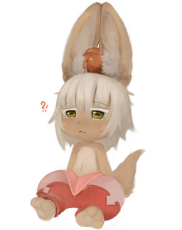 acorn anthro big_ears blush bodily_fluids brown_body brown_fur clothed clothing cum ear_penetration female food fruit fur genital_fluids genitals green_eyes hair male male/female nut_(fruit) oblivious paws penetration penis plant precum sitting solo tail topless white_hair young chisanakei hollow made_in_abyss nanachi lagomorph leporid mammal rabbit hi_res