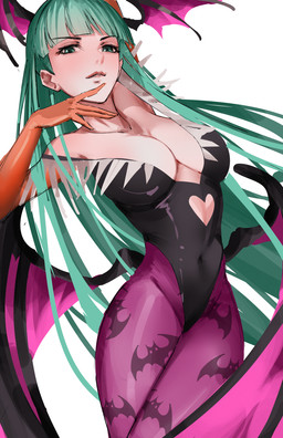 armwear bangs bare_shoulders bat_print big_breasts black_clothing black_leotard black_wings blunt_bangs breasts cleavage clothed clothing cutout elbow_gloves female gloves green_eyes green_hair hair handwear head_wings heart_cutout legwear leotard long_hair looking_at_viewer membrane_(anatomy) membranous_wings navel_outline not_furry orange_armwear orange_clothing orange_elbow_gloves orange_gloves orange_handwear pantyhose print_clothing print_legwear purple_clothing purple_legwear purple_membrane purple_pantyhose simple_background solo thick_thighs unusual_wing_placement white_background wings shengtaki capcom darkstalkers morrigan_aensland demon demon_humanoid humanoid succubus digital_drawing_(artwork) digital_media_(artwork) hi_res