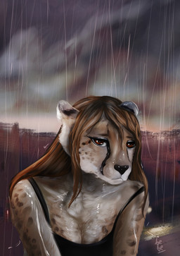 anthro bodily_fluids breast_squish breasts clothing crying female hair raining solo squish tears wet wet_clothing bebe_bernarde felid feline hybrid leopard mammal pantherine absurd_res hi_res