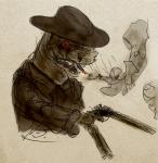 anthro cigar cowboy grin gun holding_gun holding_object holding_ranged_weapon holding_weapon male outlaw ranged_weapon red_eyes sawed-off_shotgun shotgun smile smoke smoking snarling solo weapon western holt5 the_credence_of_dragons_and_men ceazle gurig reptile scalie digital_media_(artwork) hi_res monochrome sepia spot_color