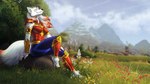 anthro armor barefoot clothed clothing cloud content cute_fangs detailed_background eyes_closed fangs feet female flower fur hair mountain outside plant rock sky smile solo teeth tree white_body white_fur white_hair wind windmill howlite canid canine canis mammal wolf 16:9 2019 widescreen