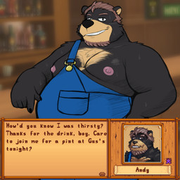 alternate_species anthro black_body black_fur bodily_fluids brown_body brown_fur brown_hair clothing dialogue_box facial_hair fur furrification hair looking_at_viewer male multicolored_body multicolored_fur musclegut muscular nipples overalls overweight overweight_male solo sweat teeth_showing text two_tone_body two_tone_fur smush-sin stardew_valley andy_(stardew_valley) bear mammal 1:1 2026 digital_drawing_(artwork) digital_media_(artwork) english_text hi_res
