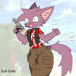 aloha_shirt anthro clothing collar femboy fur gun handgun holding_gun holding_handgun holding_object holding_pistol holding_ranged_weapon holding_weapon huge_hips huge_legs male pattern_clothing pattern_shirt pattern_topwear pink_body pink_fur pistol ranged_weapon running shirt solo topwear vest weapon wide_hips raganlier jack_carver felid feline mammal 1:1 hi_res