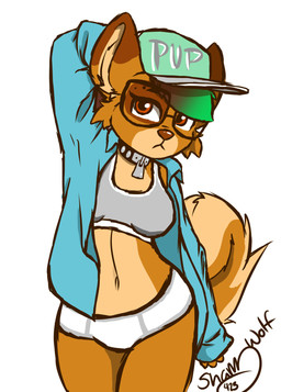 anthro bra clothed clothing collar colored_edge_panties colored_edge_underwear eyewear female glasses hat headgear headwear open_clothing open_shirt open_topwear panties partially_clothed shirt solo sports_bra standing topwear underwear white_clothing white_panties white_underwear shaywolf423 charli_(shaywolf423) canid canine mammal hi_res