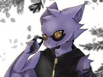 anthro black_clothing branch clothing eyewear fur glasses looking_over_glasses male membrane_(anatomy) membranous_wings orange_eyes petals purple_body purple_fur simple_background sleeveless_hoodie solo sunglasses wings zipper crystal_marisun ev_(character) bat mammal