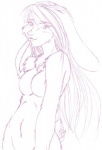 anthro breasts female hair long_ears long_hair looking_aside looking_at_viewer nude simple_background smile solo white_background chiiness roslin domestic_rabbit lagomorph leporid lop_rabbit mammal oryctolagus rabbit half-length_portrait monochrome portrait purple_and_white sketch