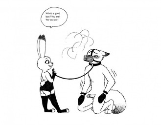 animal_genitalia anthro balls blush bondage_gear bondage_gloves clothing collar dialogue dominant dominant_female duo erection female fur genitals good_boy handwear male male/female muzzle_(object) muzzled nude penis sex sex_toy simple_background smile speech_bubble standing submissive submissive_male text white_background bernielover disney zootopia judy_hopps nick_wilde canid canine fox lagomorph leporid mammal rabbit red_fox true_fox english_text monochrome