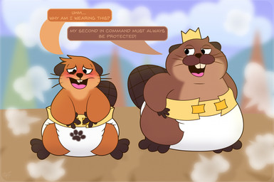4_fingers anthro big_diaper blush clothed clothing crown diaper diaper_only duo female fingers headgear male royalty shocked sitting topless wearing_diaper crinklbird disney hoppers_(disney) pixar king_george_(hoppers) mabel_tanaka beaver mammal rodent hi_res