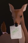 bedroom_eyes black_background black_nose brown_body brown_fur female feral fur green_eyes harkness_test holding_object holding_paper looking_at_viewer narrowed_eyes object_in_mouth paper seductive simple_background solo tan_body tan_fur text doriyote blender_eevee the_harkness_test_(meme) estelle_(doriyote) deer mammal 3d_(artwork) blender_(artwork) digital_media_(artwork) hi_res meme