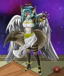 abs absurd_res alyk_(zardoseus) angel anthro big_breasts biped black_body black_fur blue_hair breasts canid canine canis claws clothed clothing digital_drawing_(artwork) digital_media_(artwork) dragon_ball dragon_ball_super dragon_ball_z ear_piercing english_text eyelashes feathered_wings feathers feet female fluffy fluffy_chest fluffy_tail footwear fox full-length_portrait fur hair halo hi_res high_heels huge_breasts mammal multiple_piercings pawpads paws piercing portrait purple_eyes shoes simple_background smile solo tail text thick_thighs toes topwear white_body white_fur wings zardoseus