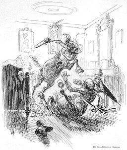 bald bed breasts candle cleavage clock clothed clothing domestic_violence duo female fight furniture hair hat headgear headwear inside lying male mirror nude_taur on_back on_hind_legs picture_on_wall rug top_hat umbrella heinrich_kley european_mythology greek_mythology mythology centaur equid equid_taur humanoid_taur mammal mammal_taur taur 1910 20th_century ancient_art black_and_white monochrome