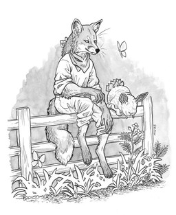 anthro arm_tuft barefoot cheek_tuft claws clothed clothing facial_tuft feet fencepost flower fluffy fluffy_tail fur grass inner_ear_fluff kerchief male multicolored_body multicolored_fur neck_tuft plant rolled_up_pants rolled_up_sleeves simple_background sitting_on_fence smile solo tail toe_claws tuft whiskers justcallmemrm jade_(justcallmemrm) arthropod bluggy_(grimshire) canid canine fox insect lepidopteran mammal moth monochrome