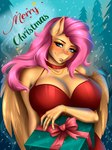 anthro anthrofied areola big_breasts bracelet breasts christmas_present cleavage clothed clothing collar dress eyelashes feathered_wings feathers female gift hair jewelry looking_at_viewer necklace nude pink_areola pink_hair pupils red_clothing red_dress smile solo teal_eyes text wings yellow_body yellow_skin ashimaroo friendship_is_magic hasbro my_little_pony mythology fluttershy_(mlp) equid equine horse mammal mythological_creature mythological_equine pegasus pony 3:4 absurd_res hi_res