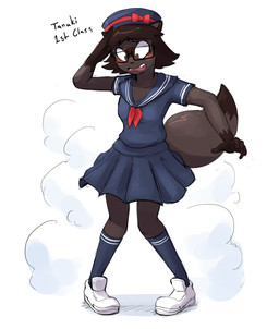 after_transformation anthro asian_clothing blouse blush bottomwear breasts brown_body brown_eyes brown_fur brown_hair clothed clothing dipstick_tail east_asian_clothing embarrassed eyewear female footwear fur gesture glasses gloves_(marking) hair japanese_clothing japanese_school_uniform knee_highs knee_socks knock-kneed legwear looking_at_self looking_down looking_down_at_self markings medium_breasts pleated_skirt rectangular_glasses sailor_collar salute school_uniform serafuku shocked shoes simple_background skirt smoke socks solo species_transformation standing tail tail_markings text topwear transformation uniform wearing_glasses white_background wide_eyed subakitsu canid canine mammal raccoon_dog tanuki 2020 digital_drawing_(artwork) digital_media_(artwork) english_text full-length_portrait portrait species_name