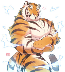 anthro biceps big_muscles big_pecs clothing countershading flexing fur jockstrap looking_at_viewer male muscular muscular_anthro muscular_male one_eye_closed orange_body orange_fur pecs pink_nose pose simple_background smile solo striped_body striped_fur stripes underwear whiskers white_background white_body white_fur wink yellow_eyes giraffe_(artist) lam-chan felid mammal pantherine tiger 2022 hi_res