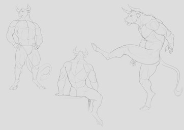 anthro bottomwear butt clothed clothing front_view hooves horn male male_anthro mouth_closed muscular muscular_anthro muscular_male nude open_mouth pecs rear_view side_view simple_background solo tail tail_tuft topless tuft aduran bovid bovine cattle mammal absurd_res hi_res monochrome sketch sketch_page