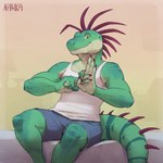 anthro athletic bottomwear clothing fingers gesture gesturing_at_viewer green_body green_scales male scales shirt shorts simple_background smile solo suggestive suggestive_gesture tail tank_top topwear nawka hector_(nawka) iguana iguanid lizard reptile scalie 1:1 2023