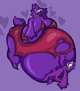 anthro balls belly big_balls big_belly big_breasts big_butt big_penis breasts butt clothing digestion dress dress_only duo eye_roll eyewear genitals glasses heart_symbol huge_balls huge_belly huge_breasts huge_butt huge_penis hyper hyper_balls hyper_belly hyper_breasts hyper_butt hyper_genitalia hyper_penis intersex intersex/male juxtaposition makeup male navel_fetish navel_penetration overweight penetration penis penis_in_navel purple_body purple_scales scales sharp_teeth teeth thick_thighs torn_clothing vore wearing_glasses weight_gain alien scalie