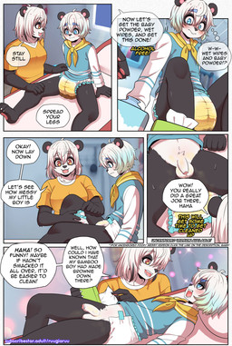 bodily_fluids clothed clothing diaper diaper_fetish duo feces genital_fluids genitals male penis soiled_diaper text unclean_diaper urine used_diaper wearing_diaper conditional_dnp ruugiaruu ruu ruu's_mom bear giant_panda mammal absurd_res comic english_text hi_res