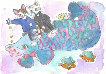 ambiguous_gender anthro blue_eyes clothed clothing female feral group male open_mouth pawpads pink_pawpads star yellow_eyes kyokyota aquatic arapaima characiform cricetid domestic_cat felid feline felis fish hamster mammal murid murine piranha_(fish) rodent serrasalmid 2022 hi_res painting_(artwork) traditional_media_(artwork) watercolor_(artwork)