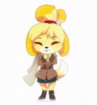 2018 animal_crossing anthro bottomwear canid canine canis clothed clothing digital_media_(artwork) domestic_dog dvixie eyes_closed female fur isabelle_(animal_crossing) mammal monotone_bottomwear monotone_clothing monotone_skirt nintendo pencil_skirt shih_tzu skirt smile solo standing tongue toy_dog yellow_body yellow_fur