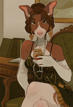 anthro armwear black_clothing black_dress brown_body brown_fur brown_hair classy clothed clothed_anthro clothed_female clothing container crossed_legs cup dress drinking_glass elbow_gloves female fully_clothed fully_clothed_anthro fully_clothed_female fur gem glass glass_container glass_cup gloves hair handwear holding_glass holding_object jewelry looking_at_viewer necklace pearl_(gem) pearl_necklace pink_nose smile solo wine_glass yellow_eyes merlinmakes canid canine canis domestic_dog mammal 2025 absurd_res digital_media_(artwork) hi_res