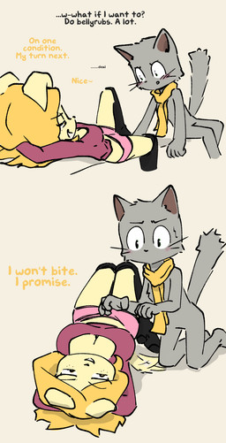 2_panel_comic anthro belly_rub_request big_breasts biped blonde_hair blush blush_lines bodily_fluids boots bottomwear breasts clothing crop_top dialogue female footwear green_eyes grey_body hair legwear looking_at_another looking_at_partner male nervous scarf shirt shoes shorts sweat tail tail_motion tailwag text thigh_boots thigh_highs topwear whiskers yellow_body anonymous_artist bittersweet_candy_bowl fan_character mike_(bcb) bird_dog canid canine canis domestic_cat domestic_dog felid feline felis golden_retriever hunting_dog korat_cat mammal retriever digital_drawing_(artwork) digital_media_(artwork) english_text flat_colors hi_res