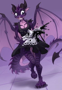 anthro apron big_tail big_wings black_goo bone_spikes breasts claws clothing clumsy dress fangs female head_spikes horn long_tail maid_uniform non-mammal_breasts open_mouth purple_body scales solo spiked_tail spiked_wings spikes spikes_(anatomy) tail teeth uniform ventral_scales wide_eyed wings stirren mythology dragon mythological_creature mythological_scalie scalie hi_res