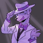 anthro black_nose bow_(feature) bow_in_front bow_tie clothed clothing eyelashes floppy_ears fur glistening glistening_nose grey_background half-closed_eyes hand_on_hat happy hat headgear headwear light looking_aside looking_at_viewer male narrowed_eyes open_mouth pose purple_body purple_ears purple_fur raised_arm shadow shirt simple_background smile smiling_at_viewer smirk solo standing suit tipping_hat toony topwear white_eyes youtuber aspdphone youtube uhyeah canid canine canis domestic_dog mammal 1:1 2023 half-length_portrait portrait