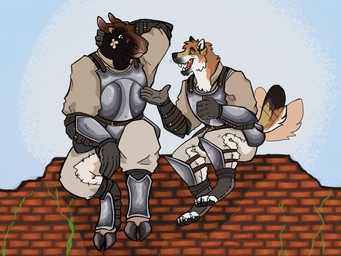 anthro armor blood bodily_fluids claws clothing duo ears_back fur hooves male open_mouth open_smile pawpads pivoted_ears sitting smile tail tail_motion tailwag teeth anactuallion canid canine deer mammal moose new_world_deer hi_res